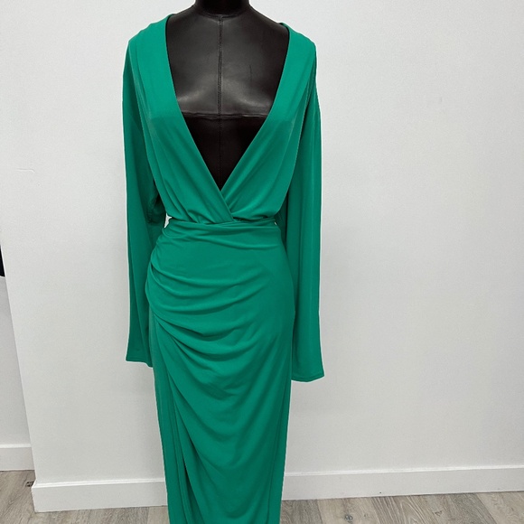 Emerald Green Draped Long Sleeve Gown | Deep V-Neck Formal Maxi Dress - Picture 1 of 5